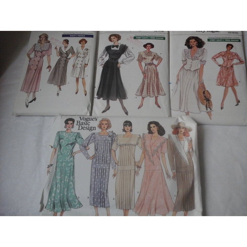 Four 80s Vogue sewing patterns UNCUT dresses blouses shirt jumper sz 12-18
